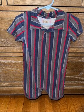 Little Sleepies Navy, Red & Gray Striped Polo One-Piece